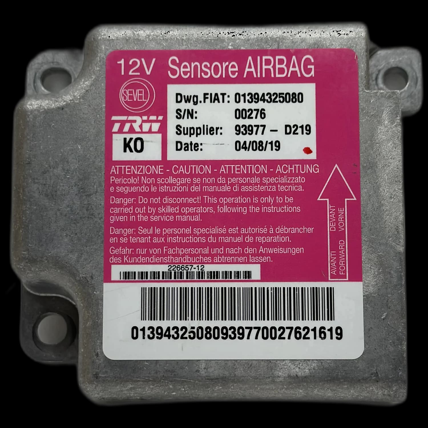 Airbag-Steuergerät 01394325080, Etikett